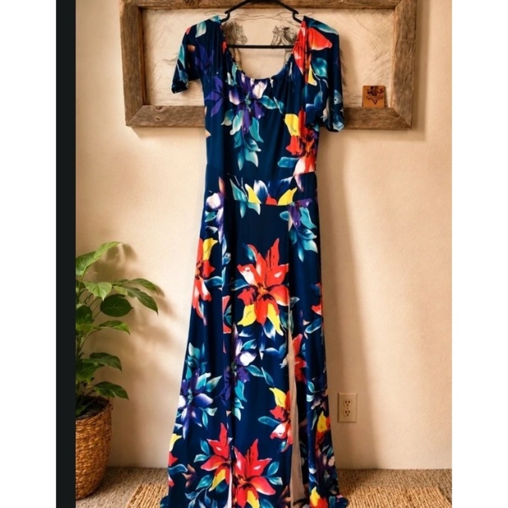Tropical Floral Maxi Dress Navy Blue Short Sleeve High Slit Summer Gown